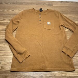 Carhartt Youth XL 18 - 20 Long Sleeve Henley Pocket Tee Brown Thermal Knit